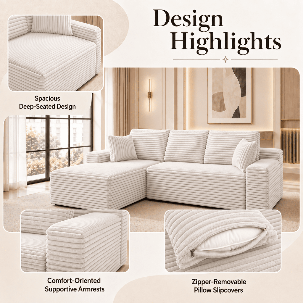104" Boneless Cloud Sectional Couch with L Shape Chaise, Modern Corduroy Modular Sofa with Deep Seat for Living Room, White