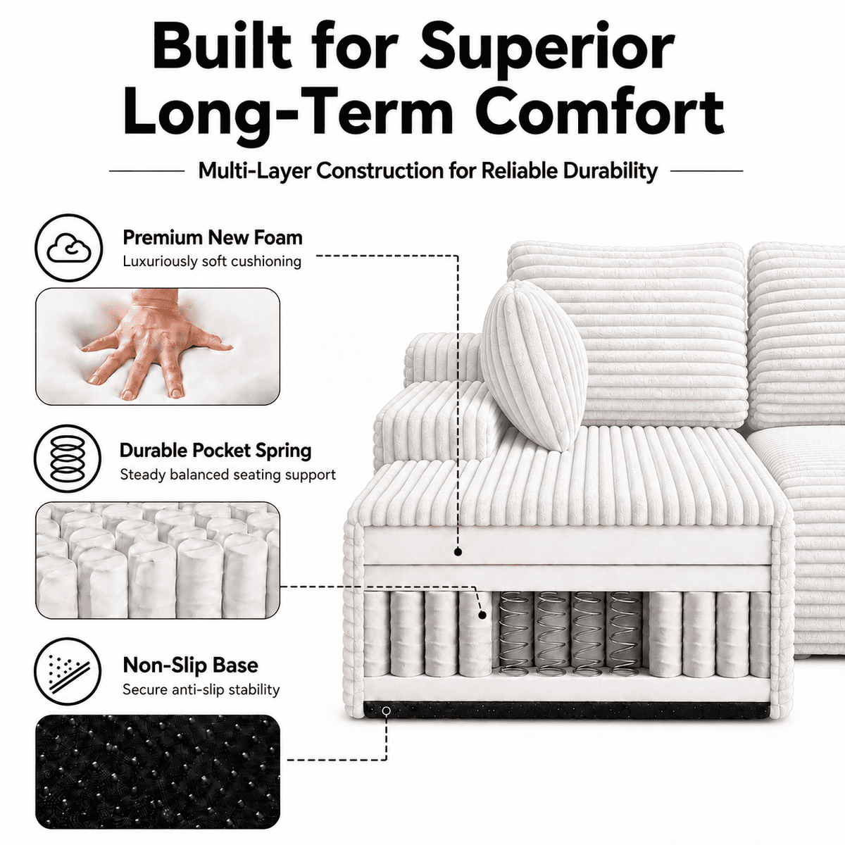 104" Boneless Cloud Sectional Couch with L Shape Chaise, Modern Corduroy Modular Sofa with Deep Seat for Living Room, White