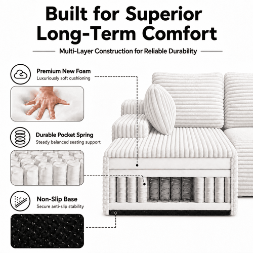 104" Boneless Cloud Sectional Couch with L Shape Chaise, Modern Corduroy Modular Sofa with Deep Seat for Living Room, White